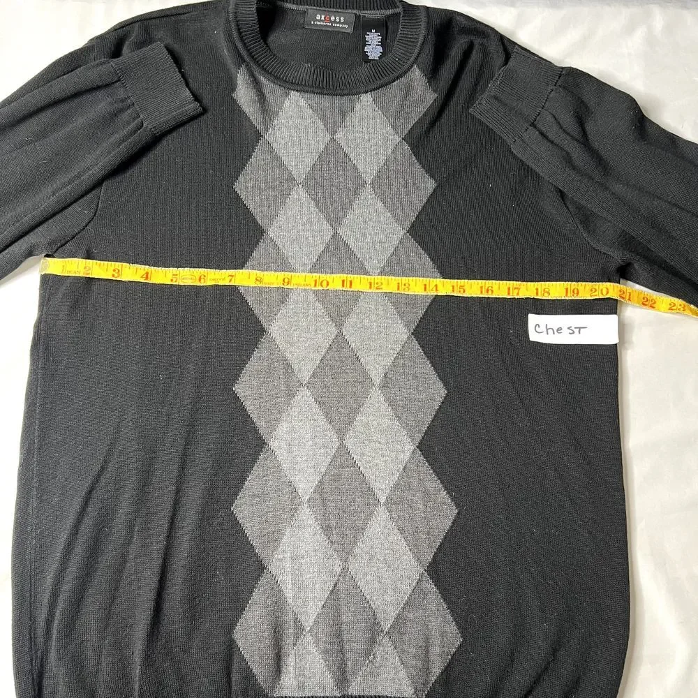 Axcess Mens Size Medium Black Argyle Black Crewneck Pullover Lightweight Sweater